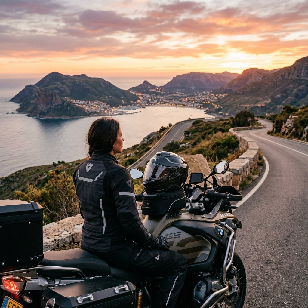 Motociclista apreciando vista da estrada no pôr do sol