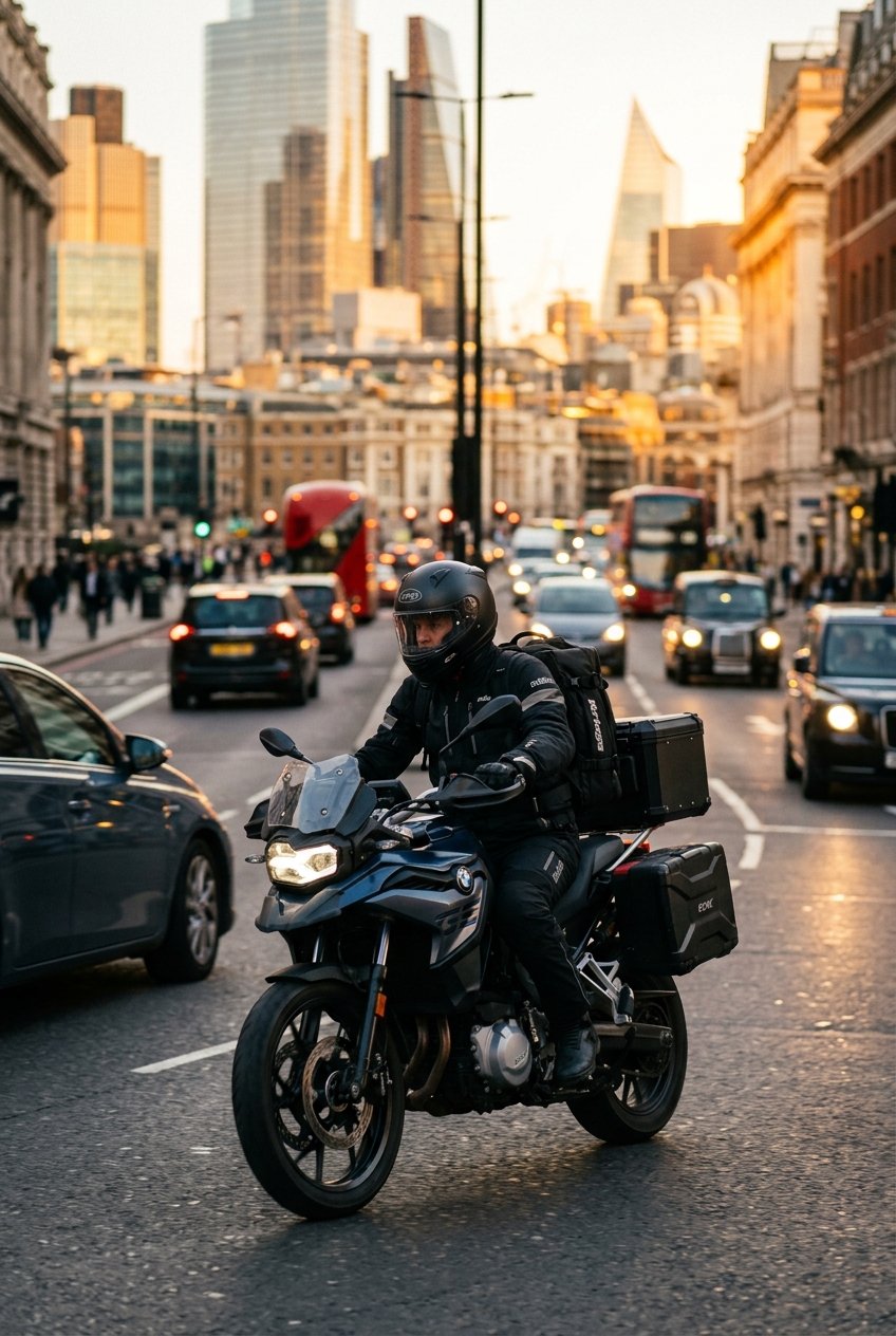 Motociclista profissional em trânsito urbano ao entardecer