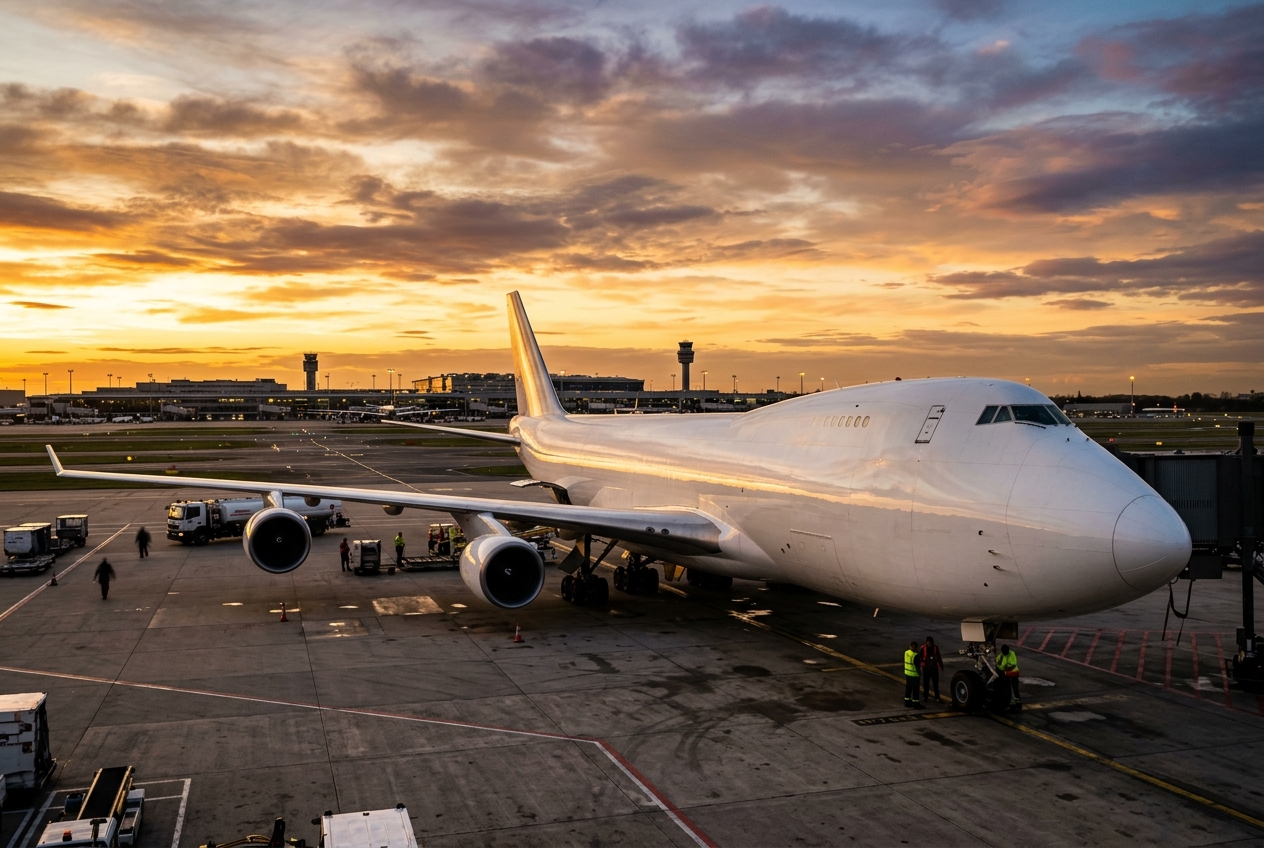 Aeronave cargueira em pátio aeroportuário ao pôr do sol