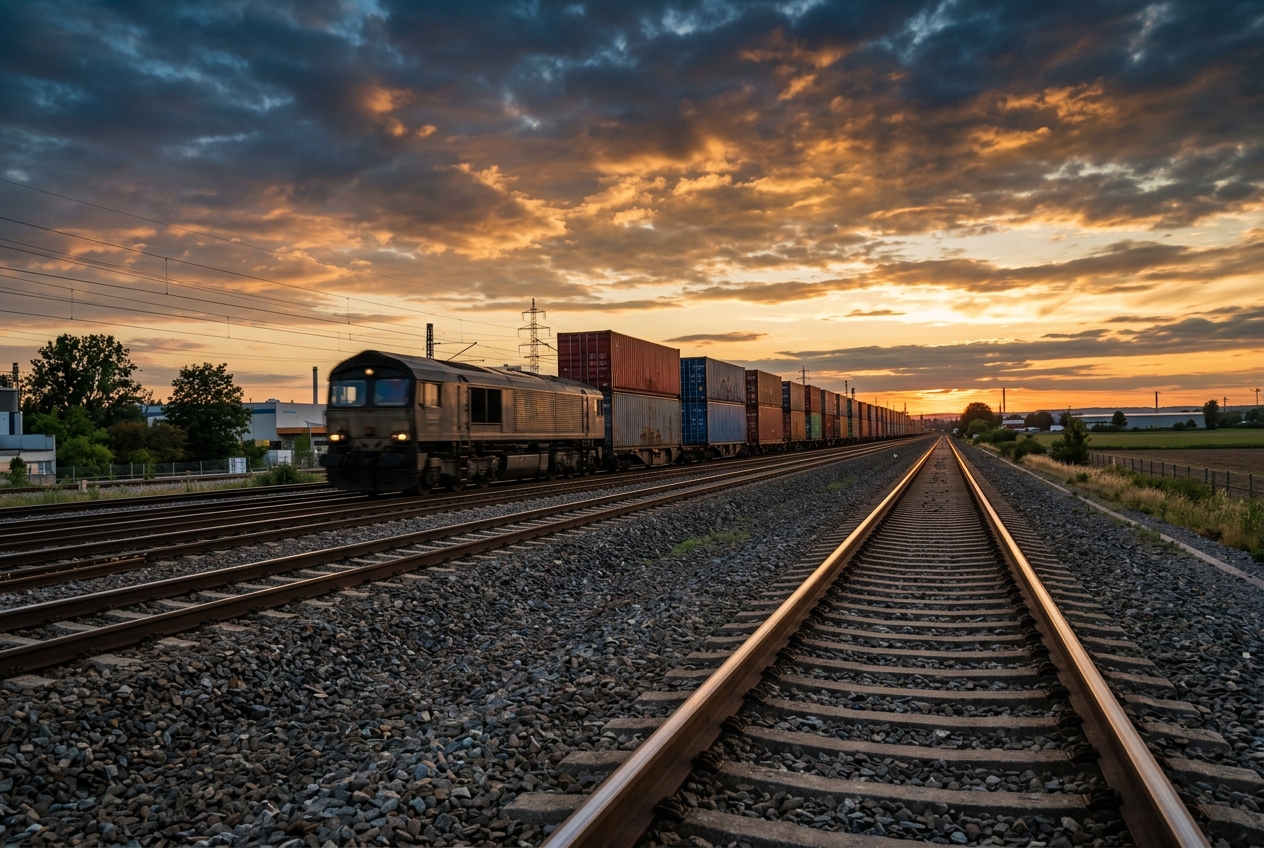 Trem de carga em operação ao entardecer
