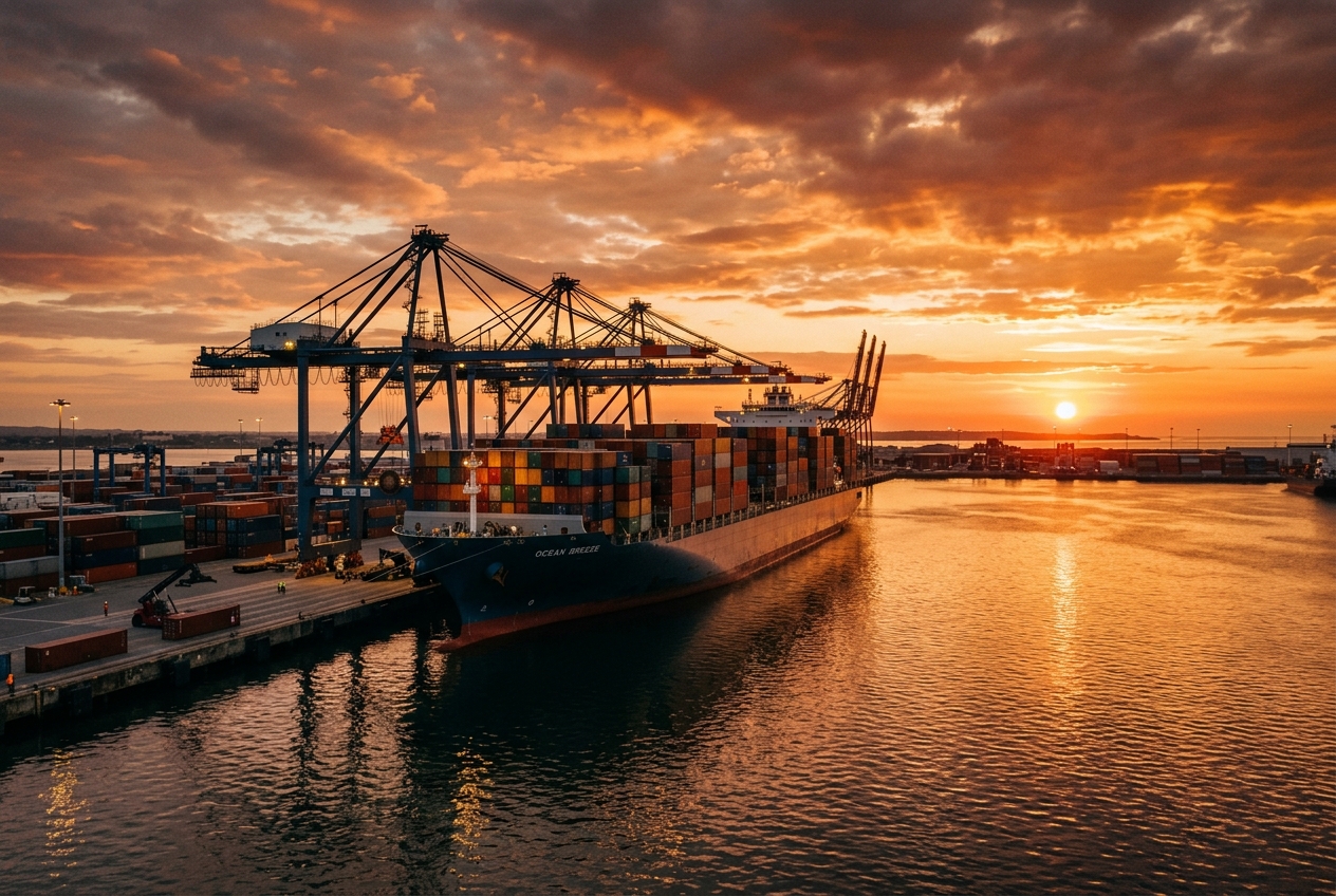 Navio de contêineres em porto ao pôr do sol